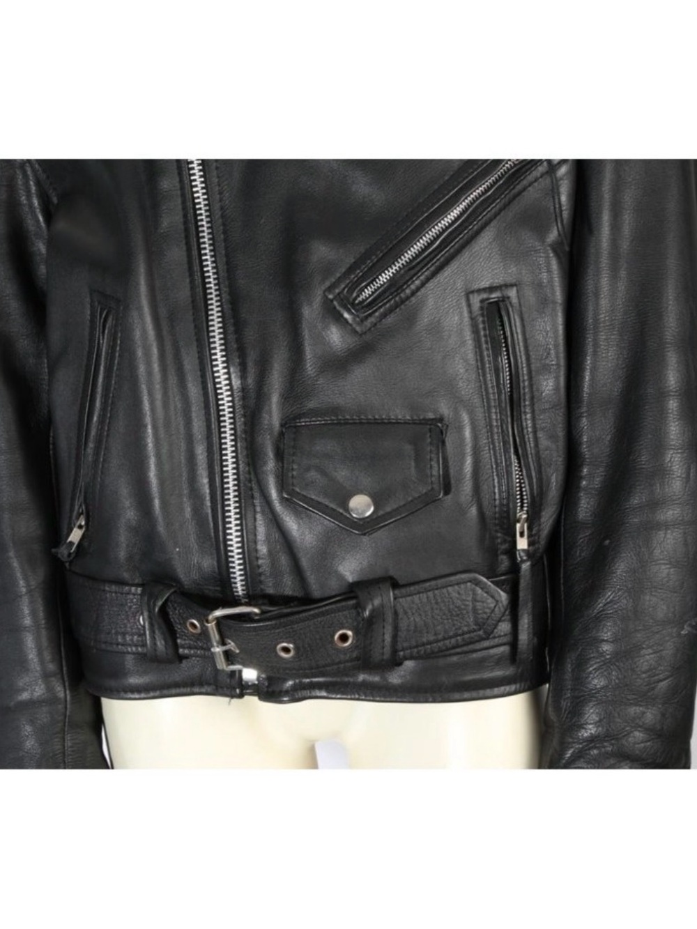 Women's Black Leather Biker Jacket with Belted Waist - Picture 7 of 7